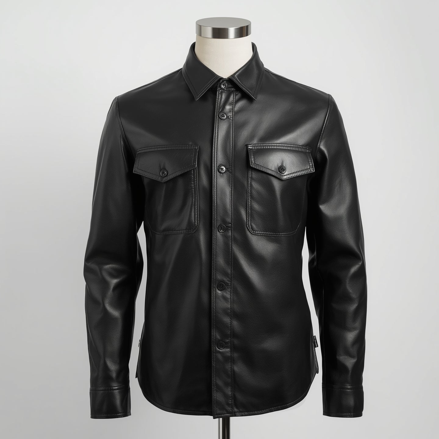 Crest – Jet Black Leather Button-Up Shirt