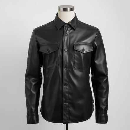 Crest – Jet Black Leather Button-Up Shirt
