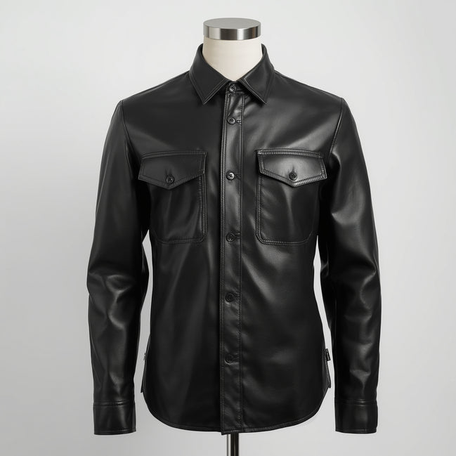 Crest – Jet Black Leather Button-Up Shirt