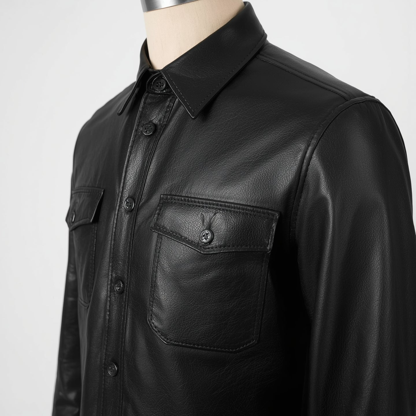 Crest – Jet Black Leather Button-Up Shirt