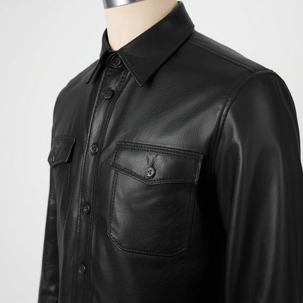 Crest – Jet Black Leather Button-Up Shirt