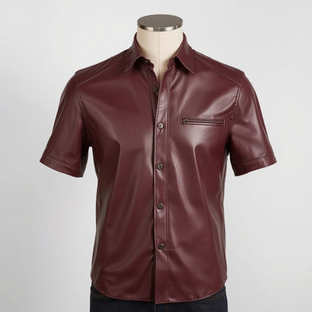 Solis – Burgundy Short-Sleeve Leather Shirt