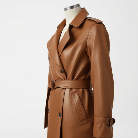 Aurelia – Camel Tan Leather Trench Coat