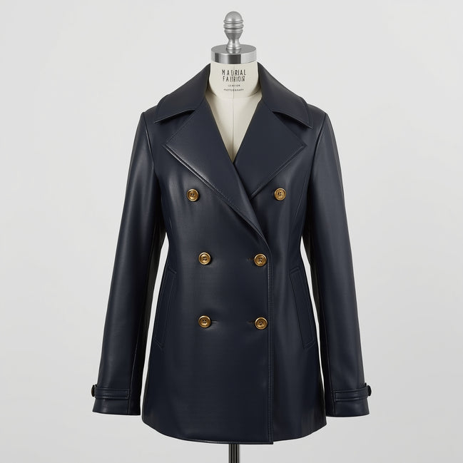 Selene – Midnight Navy Leather Peacoat