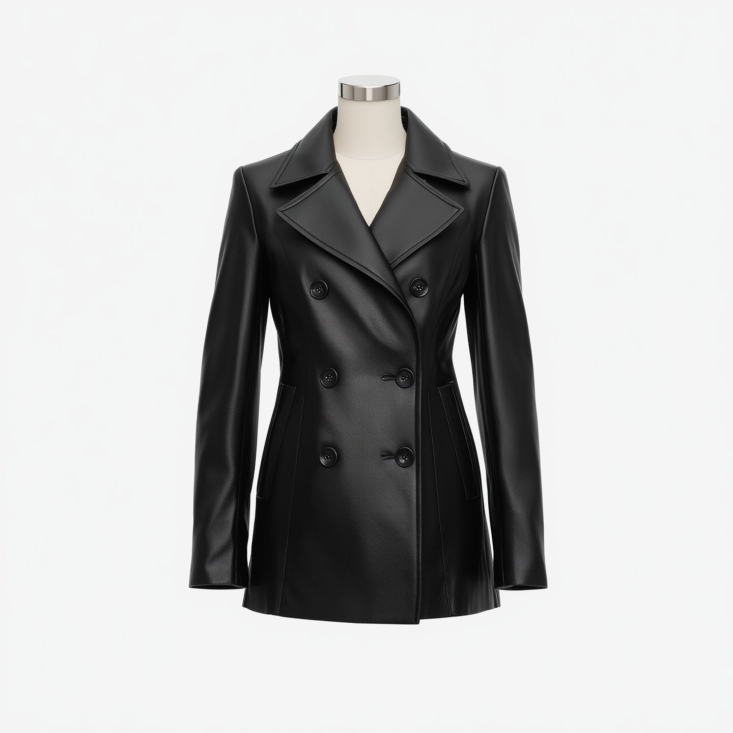 Noirelle – Jet Black Leather Peacoat