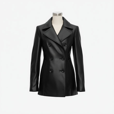 Noirelle – Jet Black Leather Peacoat