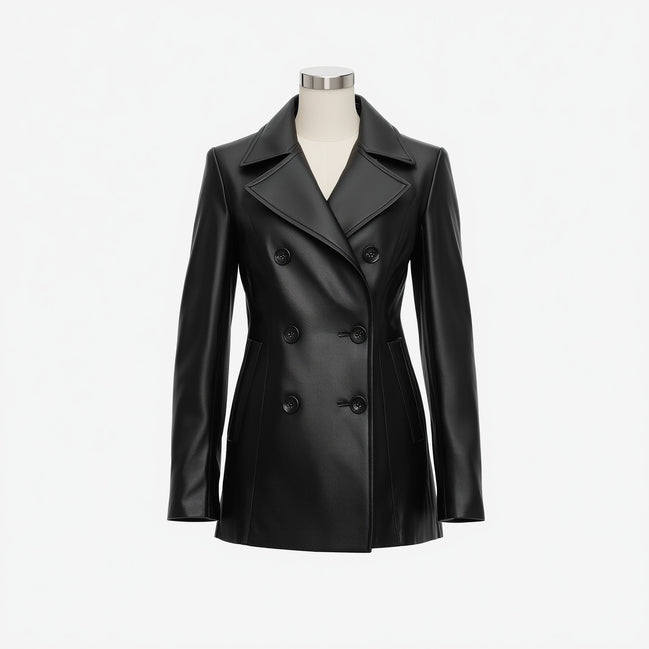 Noirelle – Jet Black Leather Peacoat