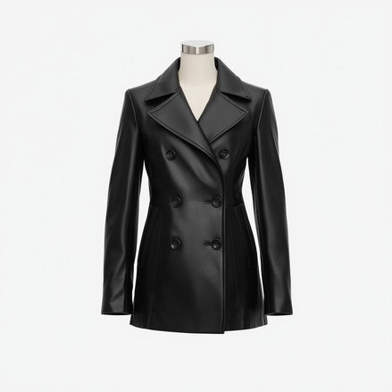 Noirelle – Jet Black Leather Peacoat