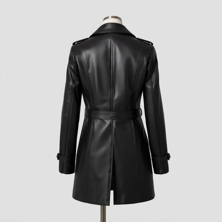 Noirelle – Jet Black Leather Peacoat