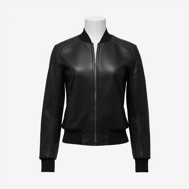 AeroLux – Jet Black Women’s Bomber Leather Jacket