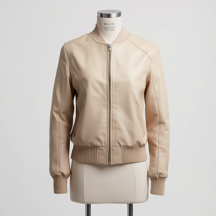 AeroLux – Beige Women’s Bomber Leather Jacket